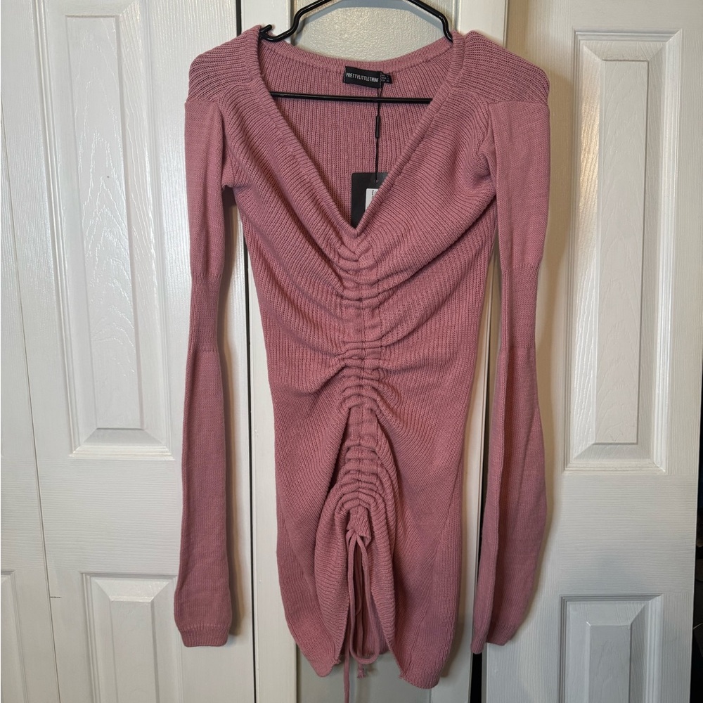 PrettyLittleThing Rose Knit Long Sleeve Ruched Tie Dress NWT